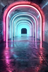 A neon tunnel with a blue and pink light. The tunnel is long and narrow. The light is bright and colorful