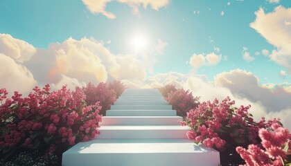 White Steps Leading Upwards Through Pink Flowers in a Sky of Clouds