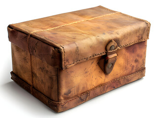 Antique brown leather box on white background.