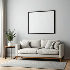 Modern interior design mockup, empty photo frame on wall, stylish home decor background, minimalist living room scene