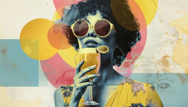 Woman With Curly Hair Holding a Cocktail in a Retro Style Artwork - Powered by Adobe