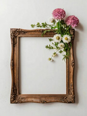 A wooden picture frame adorned with fresh flowers.