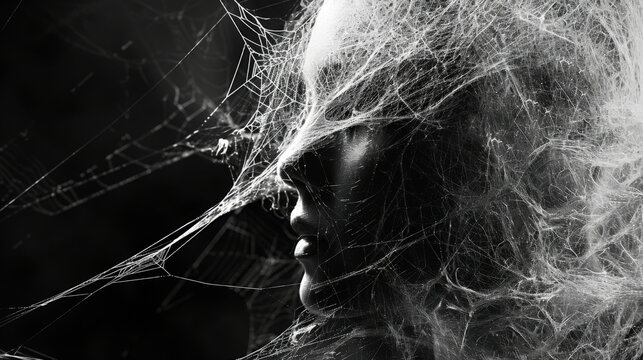 intricate web surrounding a central figure, representing the entanglement and ensnarement of paranoid thoughts, highlighting the complexity and inescapability of paranoia