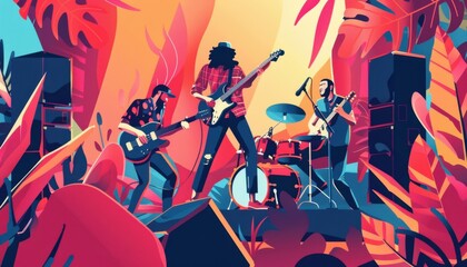 A Band Performs Live Music In Front of Colorful Foliage