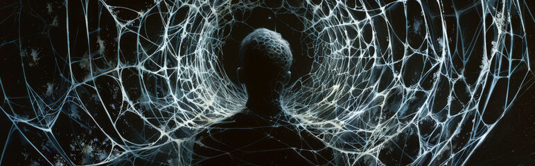 intricate web surrounding a central figure, representing the entanglement and ensnarement of paranoid thoughts, highlighting the complexity and inescapability of paranoia
