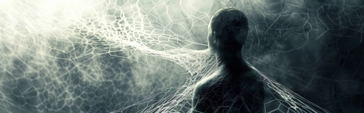 intricate web surrounding a central figure, representing the entanglement and ensnarement of paranoid thoughts, highlighting the complexity and inescapability of paranoia