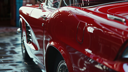 Fototapeta premium photo close-up of a red retro car, the atmosphere of a vintage movie