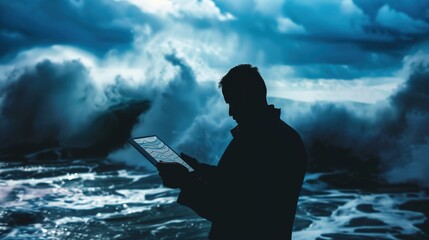 Obraz premium Silhouette of a Person Holding a Tablet or Smartphone with a Chart, Set Against the Backdrop of a Turbulent Ocean, Emphasizing the Contrast Between Technology and Nature's Power