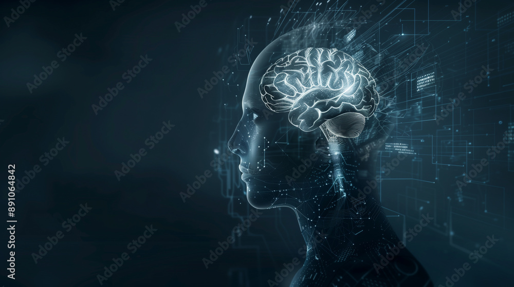 Poster a computer-generated image of a human brain with a lot of wires and circuits. the image is abstract 