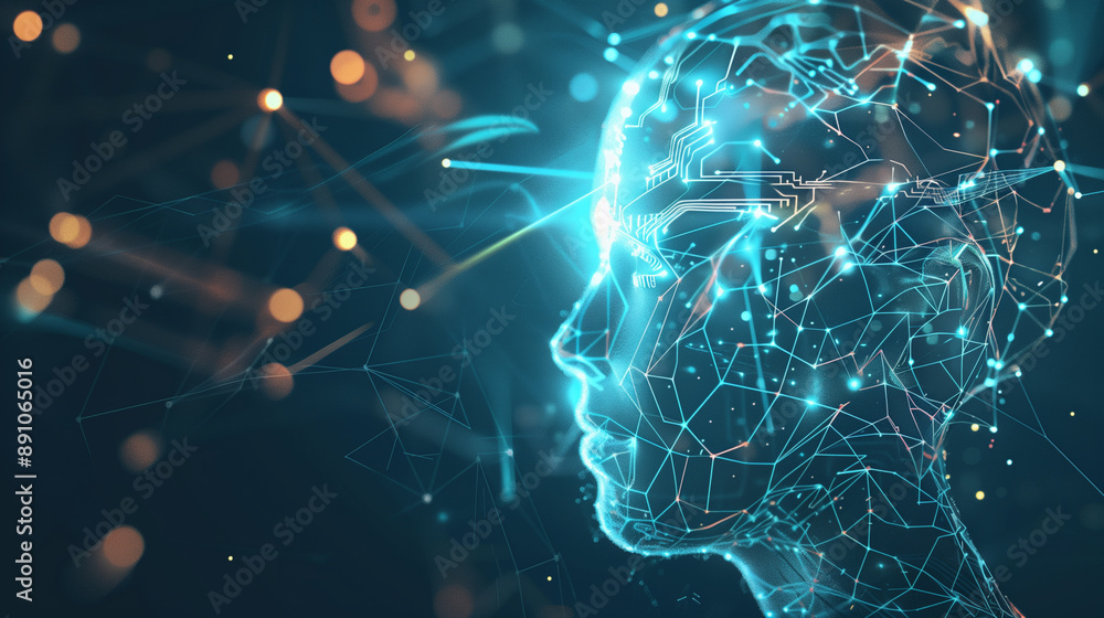 Poster a computer-generated image of a human brain with a lot of wires and circuits. the image is abstract 