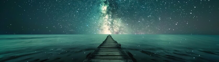 Obraz premium A bridge over a body of water with a starry sky in the background. The bridge is illuminated by the stars, creating a serene and peaceful atmosphere