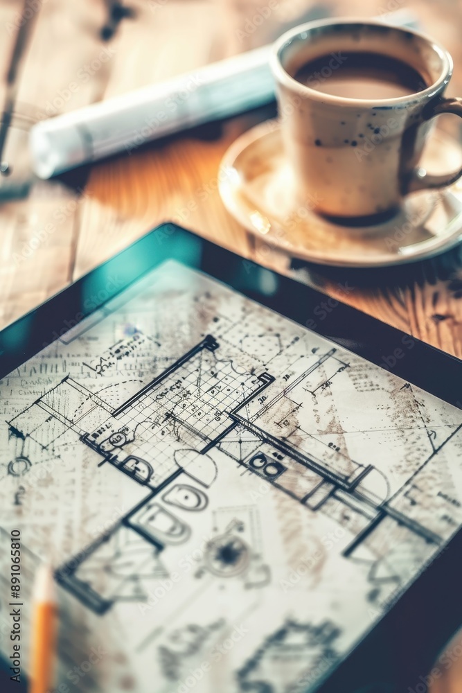 Poster a computer monitor displays a drawing of a house with a coffee cup on a wooden table in front of it.