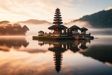 Obraz premium Ancient pura ulun danu bratan, besakih or famous hindu temple and tourist in bali island at sunrise