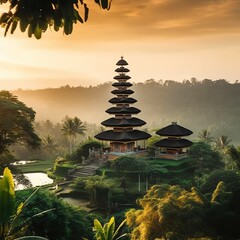 Ancient pura ulun danu bratan, besakih or famous hindu temple and tourist in bali island at sunrise
