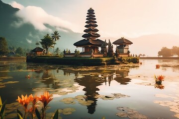 Ancient pura ulun danu bratan, besakih or famous hindu temple and tourist in bali island at sunrise