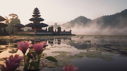Ancient pura ulun danu bratan, besakih or famous hindu temple and tourist in bali island at sunrise