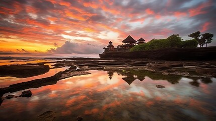 Ancient pura ulun danu bratan, besakih or famous hindu temple and tourist in bali island at sunrise