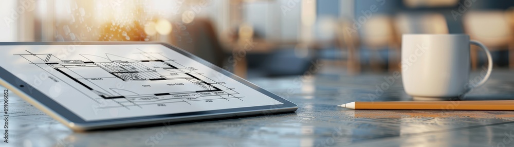 Poster a computer monitor displays a drawing of a house with a coffee cup on a wooden table in front of it.