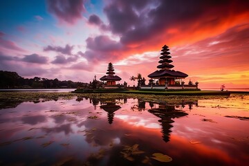Ancient pura ulun danu bratan, besakih or famous hindu temple and tourist in bali island at sunrise