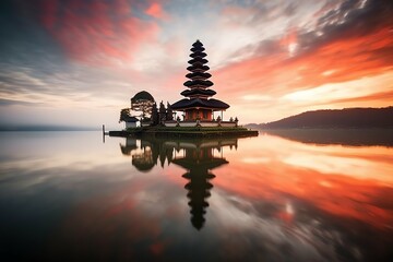 Ancient pura ulun danu bratan, besakih or famous hindu temple and tourist in bali island at sunrise