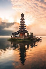 Ancient pura ulun danu bratan, besakih or famous hindu temple and tourist in bali island at sunrise