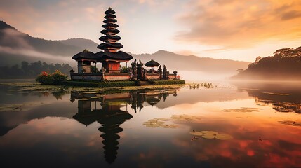 Ancient pura ulun danu bratan, besakih or famous hindu temple and tourist in bali island at sunrise