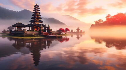 Ancient pura ulun danu bratan, besakih or famous hindu temple and tourist in bali island at sunrise