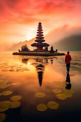 Ancient pura ulun danu bratan, besakih or famous hindu temple and tourist in bali island at sunrise
