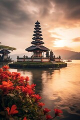 Ancient pura ulun danu bratan, besakih or famous hindu temple and tourist in bali island at sunrise