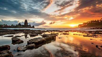 Ancient pura ulun danu bratan, besakih or famous hindu temple and tourist in bali island at sunrise