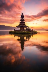 Ancient pura ulun danu bratan, besakih or famous hindu temple and tourist in bali island at sunrise