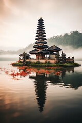 Ancient pura ulun danu bratan, besakih or famous hindu temple and tourist in bali island at sunrise