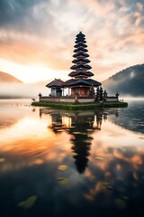 Ancient pura ulun danu bratan, besakih or famous hindu temple and tourist in bali island at sunrise