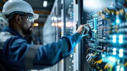 An engineer standing beside a cabinet with a BMS electrical installation, carefully checking its operation with precision instruments, showcasing intricate wiring and connections, in high definition