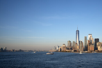 Fototapeta premium New York, United States. Panorama view of New York city skyline in Midtown Manhattan. USA, NYC, NY, Manhattan. American big city. Lower Manhattan skyline. New York from New Jersey. Downtown Manhattan.