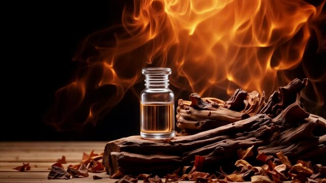 Oud Wood Essential Oil Bottle with Smoldering Wood