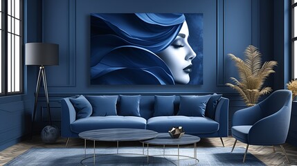 Navy blue living room - navy blue furniture - window - stylish decor - architectural showcase - modern artwork 