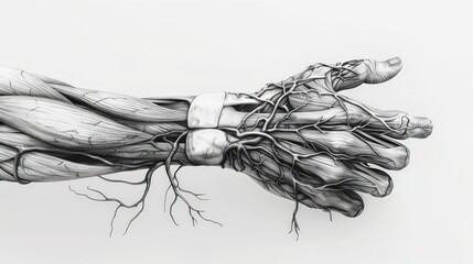 Detailed black and white anatomical drawing of muscles and veins in a human hand, showcasing intricate biological structures.