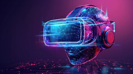 A virtual reality headset is shown in a blue background