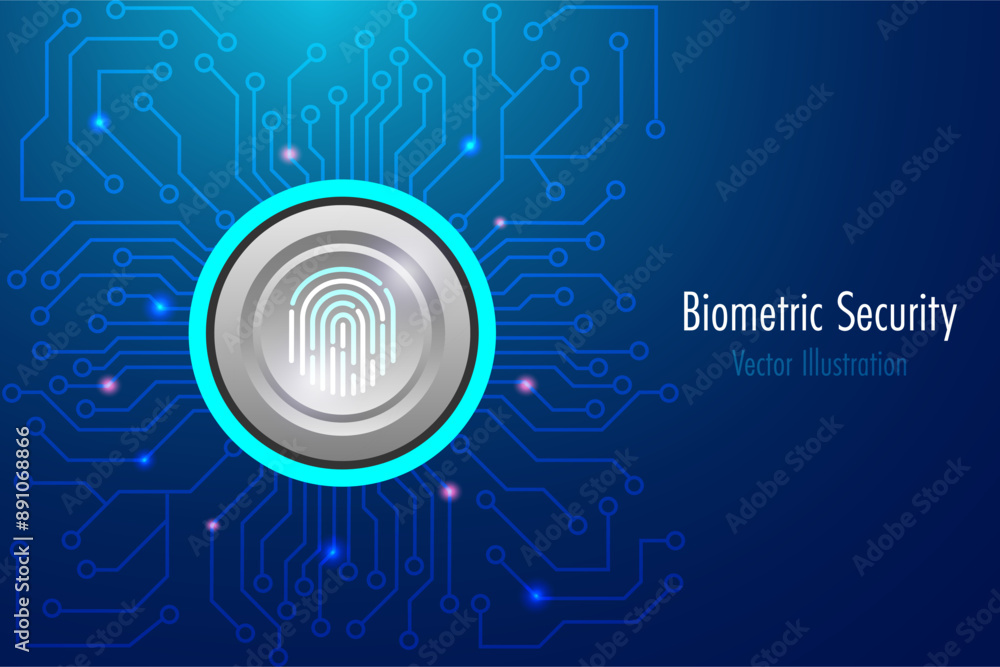 Poster fingerprint biometric scanning on digital button, identification to access business data. cyber secu