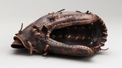 Fototapeta premium Vintage leather baseball glove showcasing worn texture and detailed stitching, ideal for sports history and nostalgia themes.