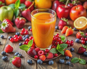 Vibrant glass of freshly squeezed juice with splashing liquid, overflowing with vitamin C-rich fruits and berries, symbolizing natural immunity protection against viruses and seasonal illness.