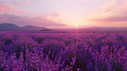 Naklejka premium Lavender Field at Dusk: A vast field of lavender stretching towards the horizon, its purple hues deepening in the twilight. The air is filled with the calming scent of lavender, and gentle evening bre