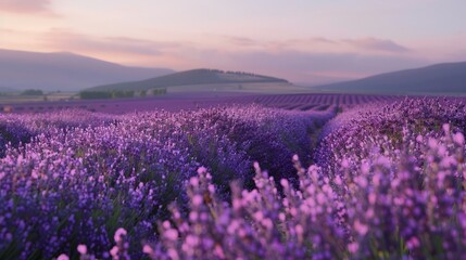 Fototapeta premium Lavender Field at Dusk: A vast field of lavender stretching towards the horizon, its purple hues deepening in the twilight. The air is filled with the calming scent of lavender, and gentle evening bre