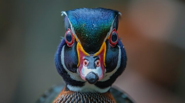 Male Wood Duck with Vibrant Plumage in Kelsey Park, Beckenham, London - Close-up Portrait of Carolina Duck  in Kent, UK