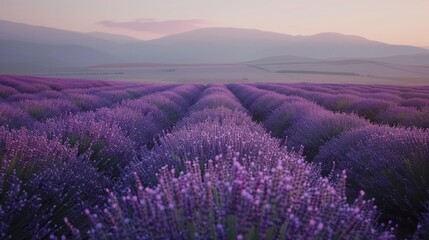 Obraz premium Lavender Field at Dusk: A vast field of lavender stretching towards the horizon, its purple hues deepening in the twilight. The air is filled with the calming scent of lavender, and gentle evening bre