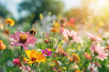 A field of flowers with bees flying around them