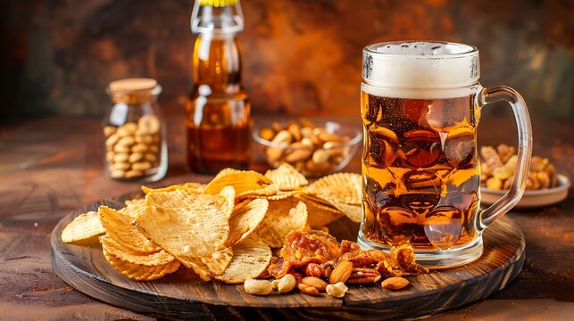 Glass with beer and set of various kind snacks jerky potato chips salted nuts stockfish bread crackers on brown wooden tray on orange background