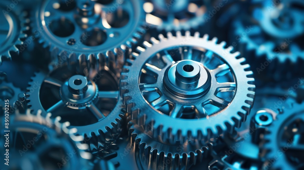 Poster a close up of a bunch of gears with a metallic look. the gears are all different sizes and shapes, b