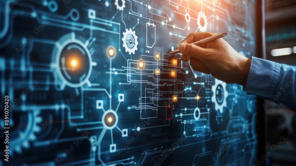 Poster a person is drawing a complex circuit board with a pen. concept of technology and innovation, as wel